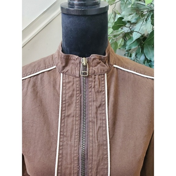 Women's Brown Canvas 100% Cotton White Edging Trims Full Zip Jacket Size Medium - Picture 2 of 14